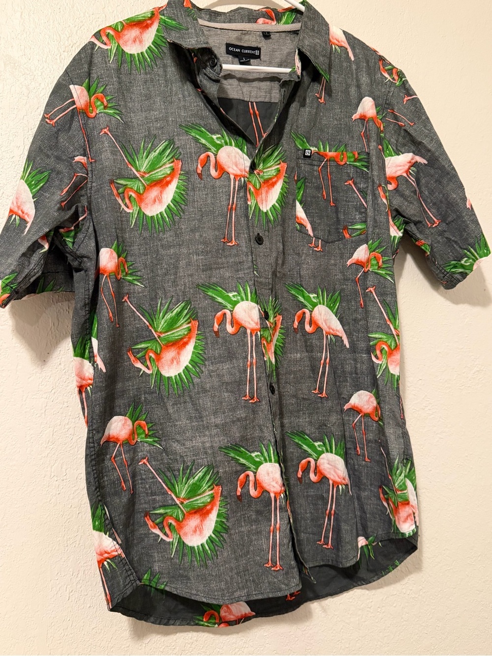 Ocean Current Gray Shirt with Pink Flamingo & Green Foliage